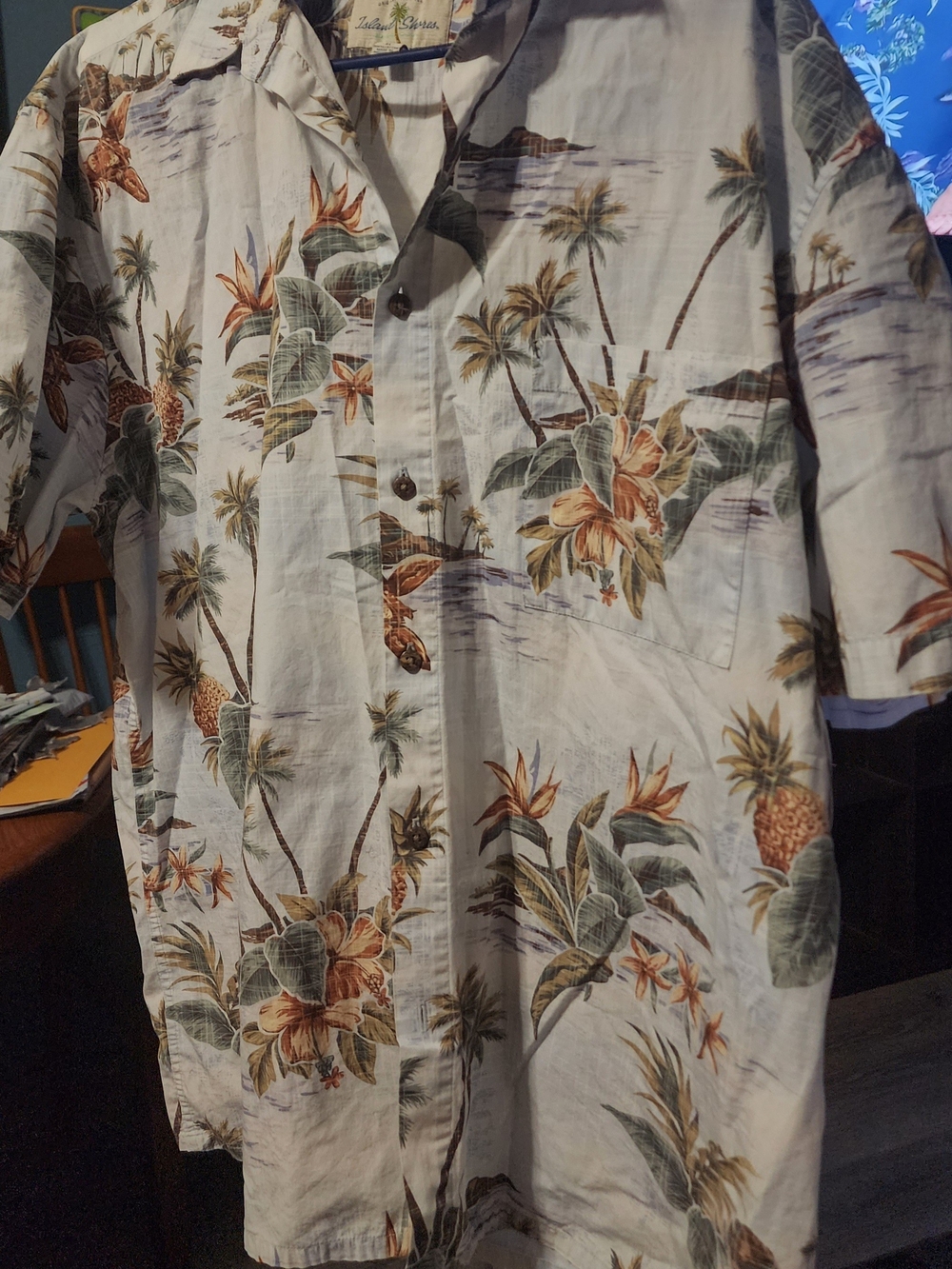Men's Casual Short-Sleeve Hawaiian Shirt - Cream with Green & Brown Floral Sz XL